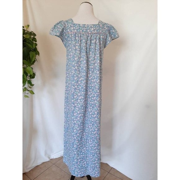 Vtg Blue Floral Smocked Prairie Cottagecore House Dress Embroidered Night Dress - Picture 6 of 8